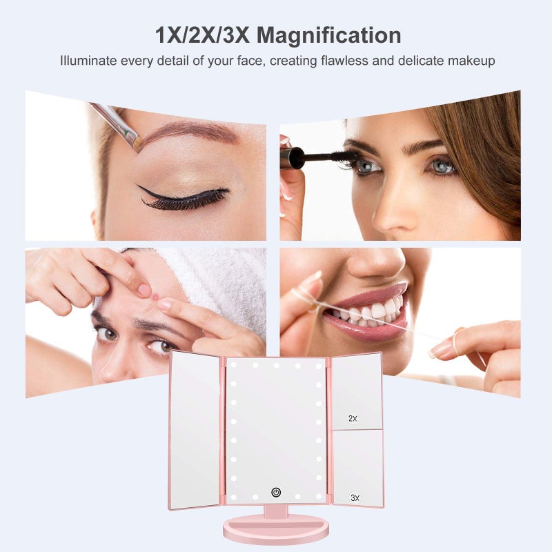 WEILY Makeup Mirror with 21 LED Lights Two Power Supply Modes  Adjustable Touch Screen and 1x/2x/3x Magnification Tri-Fold Vanity Mirror  Chargeable Travel Cosmetic Mirror for Desktop (Pink) - Image 2
